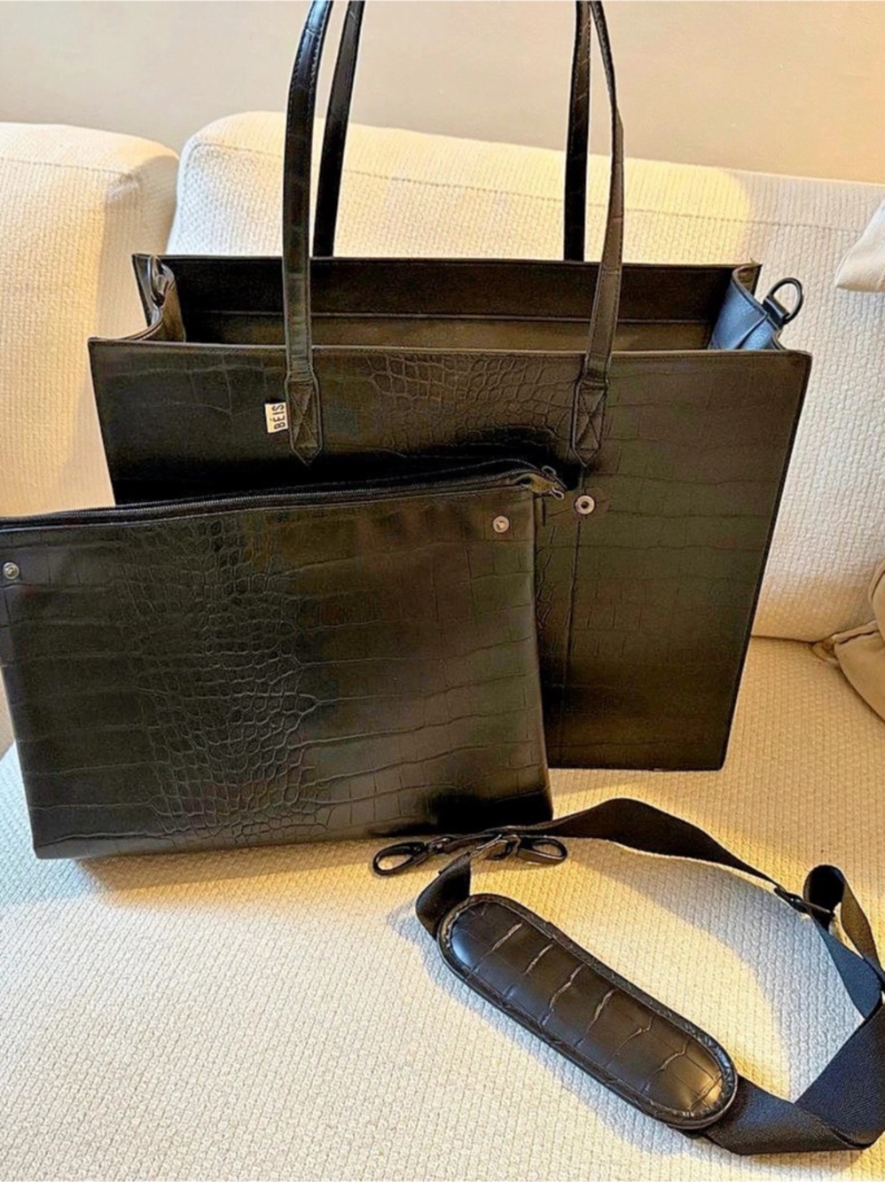 BÉIS Large Work Tote in Black Croc